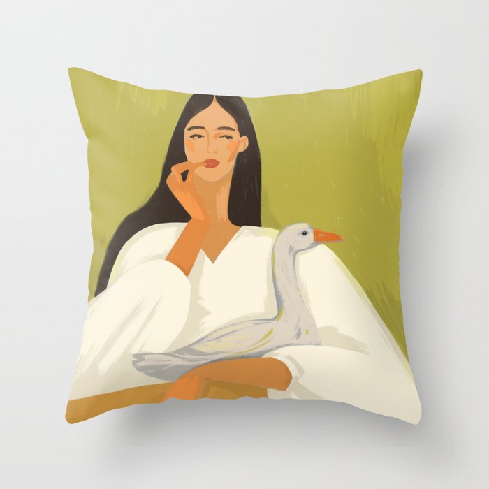 a girl with a basket and a goose Throw Pillow Gallery Image 6