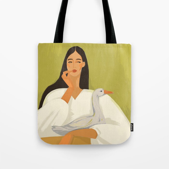 a girl with a basket and a goose Tote Bag Gallery Image 1