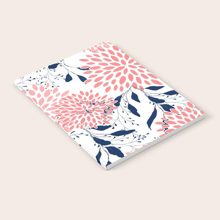 Floral Blooms and Leaves, Navy Blue, Pink and White Notebook Gallery Image 1