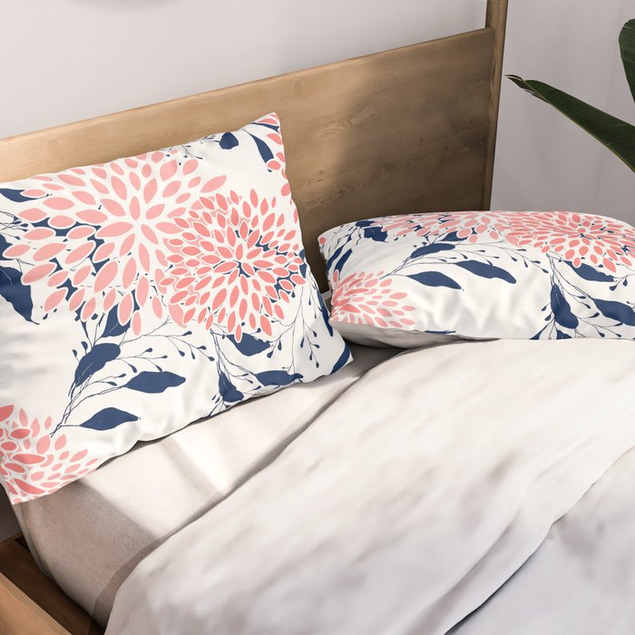 Floral Blooms and Leaves, Navy Blue, Pink and White Pillow Sham Gallery Image 2