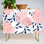 Floral Blooms and Leaves, Navy Blue, Pink and White Credenza Gallery Image 1