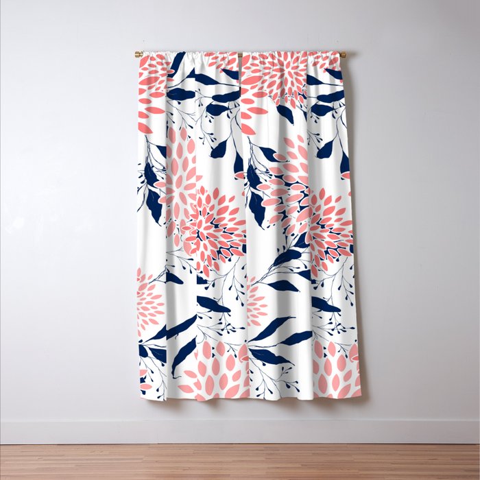 Floral Blooms and Leaves, Navy Blue, Pink and White Window Curtain Gallery Image 3