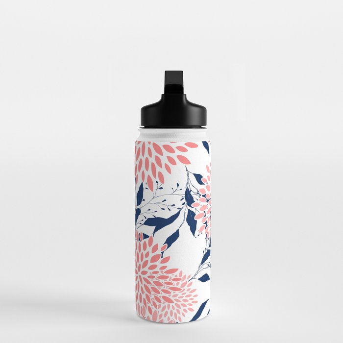 Floral Blooms and Leaves, Navy Blue, Pink and White Water Bottle Gallery Image 3