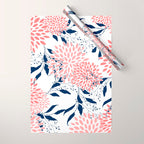 Floral Blooms and Leaves, Navy Blue, Pink and White Wrapping Paper Gallery Image 1