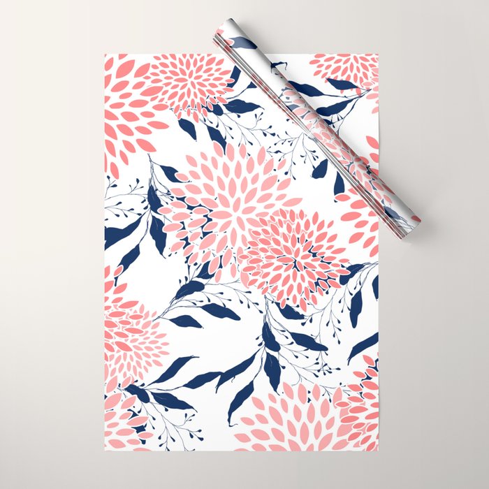 Floral Blooms and Leaves, Navy Blue, Pink and White Wrapping Paper Gallery Image 1