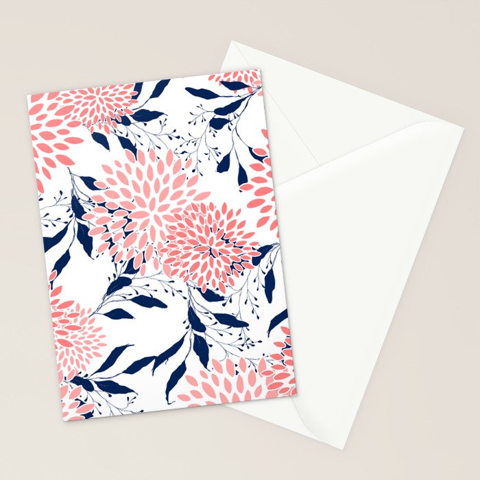 Floral Blooms and Leaves, Navy Blue, Pink and White Stationery Card Gallery Image 2