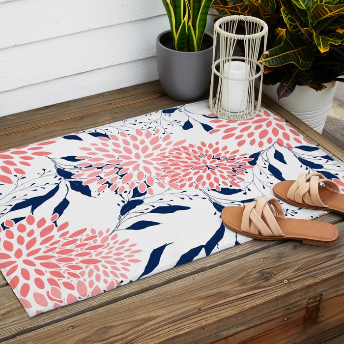 Floral Blooms and Leaves, Navy Blue, Pink and White Outdoor Rug Gallery Image 2