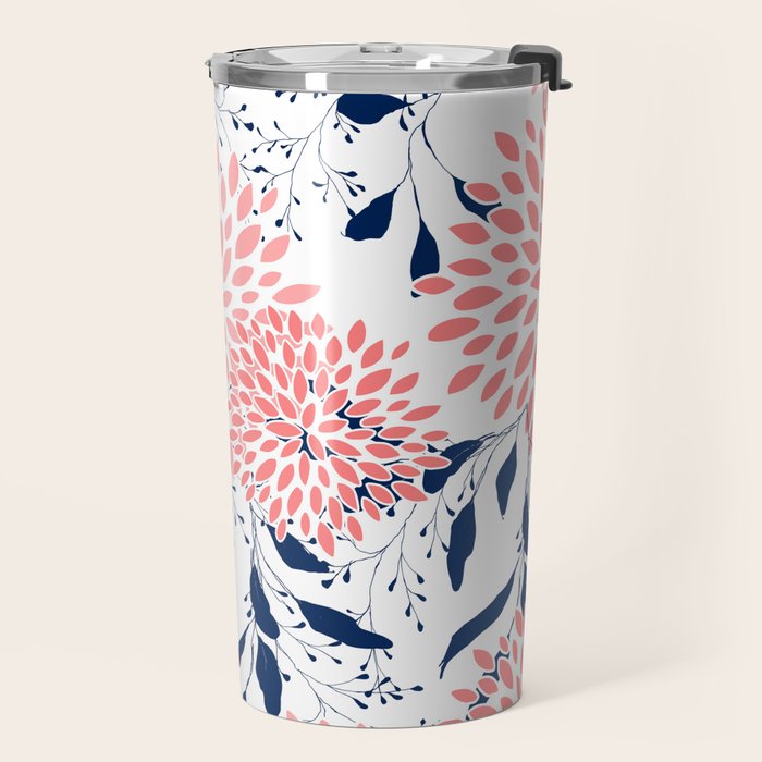 Floral Blooms and Leaves, Navy Blue, Pink and White Travel Mug Gallery Image 2
