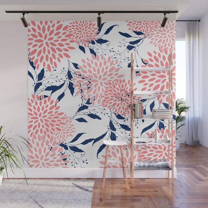 Floral Blooms and Leaves, Navy Blue, Pink and White Wall Mural Gallery Image 1