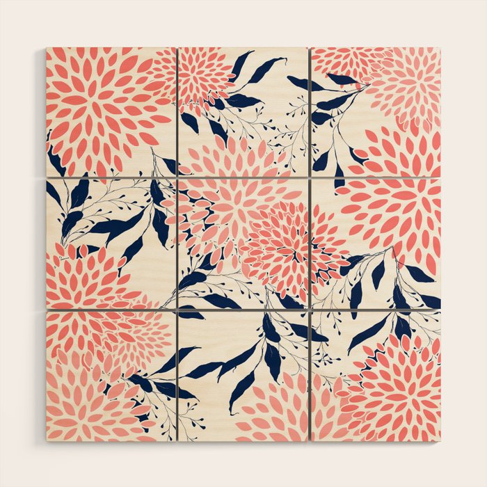 Floral Blooms and Leaves, Navy Blue, Pink and White Wood Wall Art Gallery Image 1