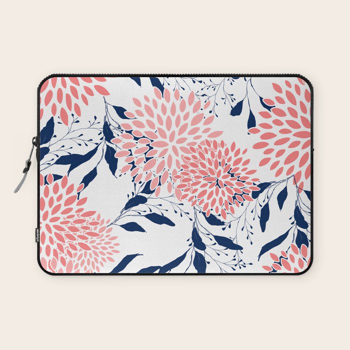 Floral Blooms and Leaves, Navy Blue, Pink and White Laptop Sleeve Gallery Image 1