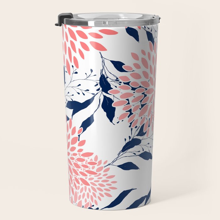 Floral Blooms and Leaves, Navy Blue, Pink and White Travel Mug Gallery Image 3