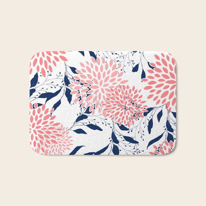 Floral Blooms and Leaves, Navy Blue, Pink and White Bath Mat Gallery Image 1