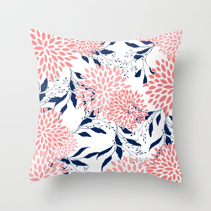 Floral Blooms and Leaves, Navy Blue, Pink and White Throw Pillow Gallery Image 6