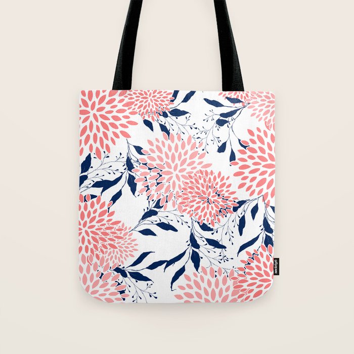 Floral Blooms and Leaves, Navy Blue, Pink and White Tote Bag Gallery Image 1