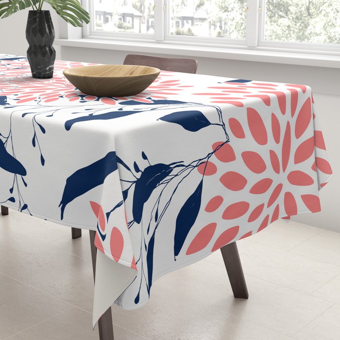 Floral Blooms and Leaves, Navy Blue, Pink and White Tablecloth Gallery Image 3