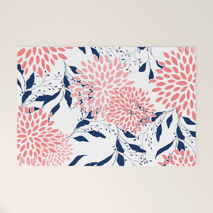Floral Blooms and Leaves, Navy Blue, Pink and White Welcome Mat Gallery Image 1