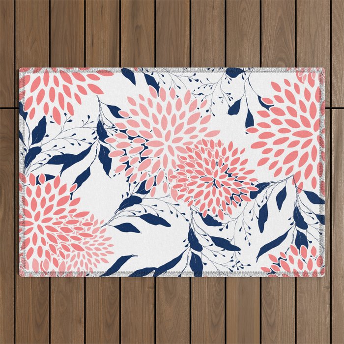 Floral Blooms and Leaves, Navy Blue, Pink and White Outdoor Rug Gallery Image 1