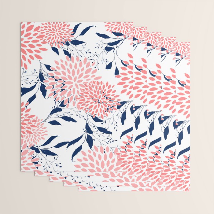 Floral Blooms and Leaves, Navy Blue, Pink and White Wrapping Paper Gallery Image 3