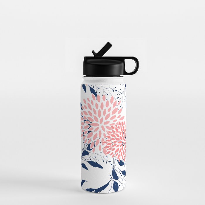 Floral Blooms and Leaves, Navy Blue, Pink and White Water Bottle Gallery Image 1
