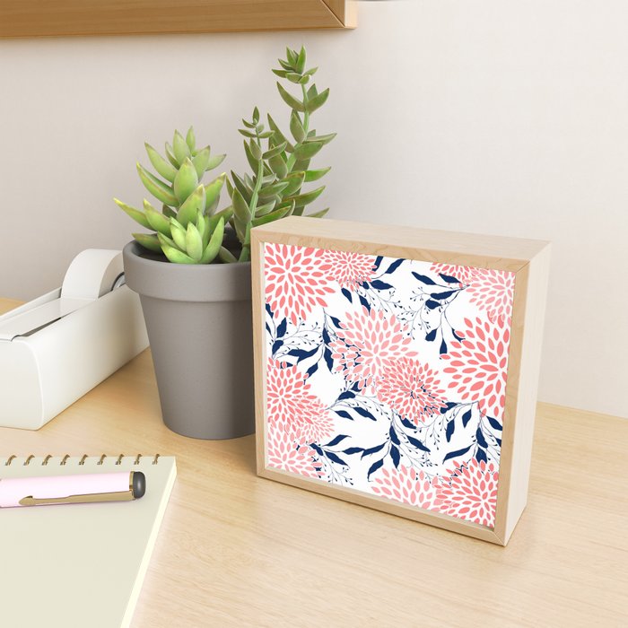 Floral Blooms and Leaves, Navy Blue, Pink and White Mini Art Print Gallery Image 2
