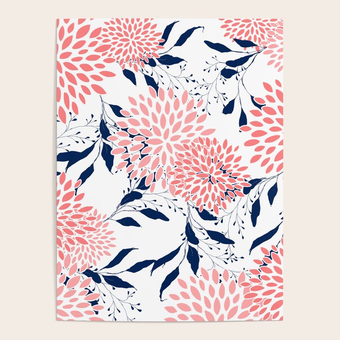 Floral Blooms and Leaves, Navy Blue, Pink and White Poster Gallery Image 4