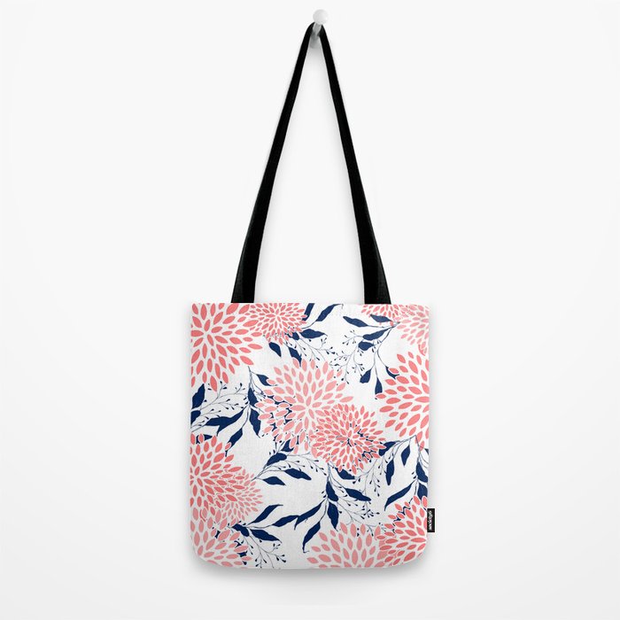 Floral Blooms and Leaves, Navy Blue, Pink and White Tote Bag Gallery Image 2