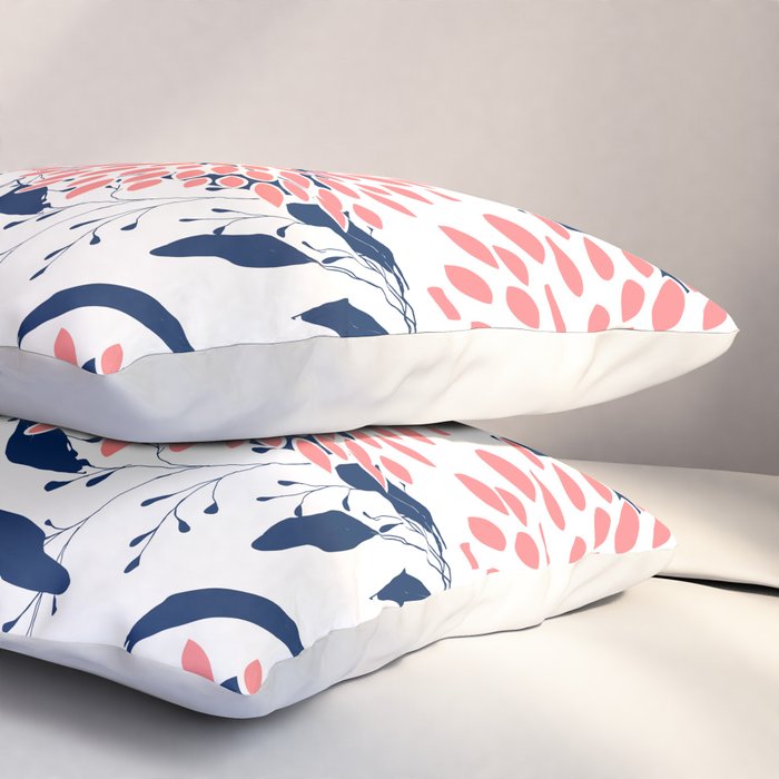 Floral Blooms and Leaves, Navy Blue, Pink and White Pillow Sham Gallery Image 3