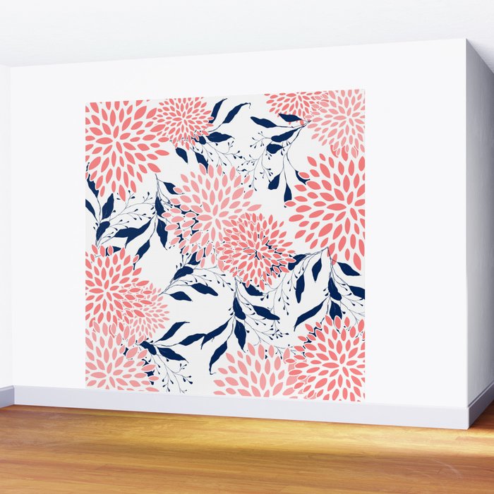 Floral Blooms and Leaves, Navy Blue, Pink and White Wall Mural Gallery Image 2