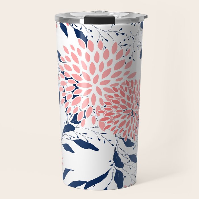 Floral Blooms and Leaves, Navy Blue, Pink and White Travel Mug Gallery Image 1