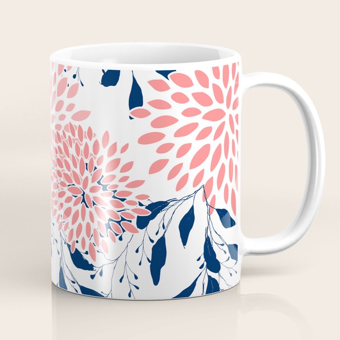 Floral Blooms and Leaves, Navy Blue, Pink and White Coffee Mug Gallery Image 1