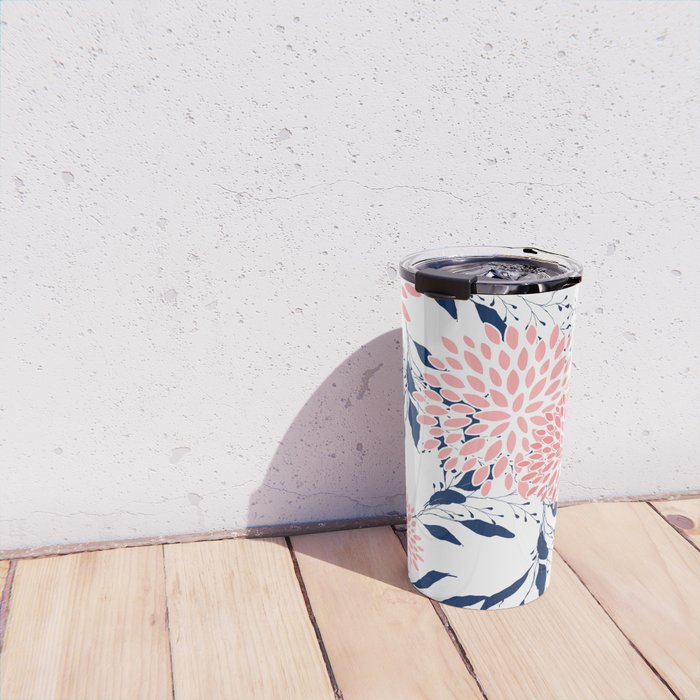Floral Blooms and Leaves, Navy Blue, Pink and White Travel Mug Gallery Image 4
