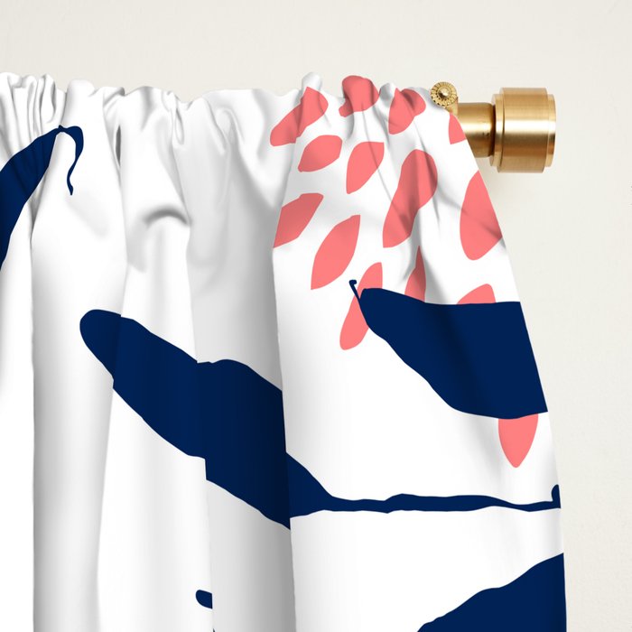 Floral Blooms and Leaves, Navy Blue, Pink and White Window Curtain Gallery Image 2