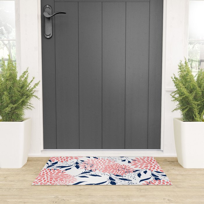 Floral Blooms and Leaves, Navy Blue, Pink and White Welcome Mat Gallery Image 3