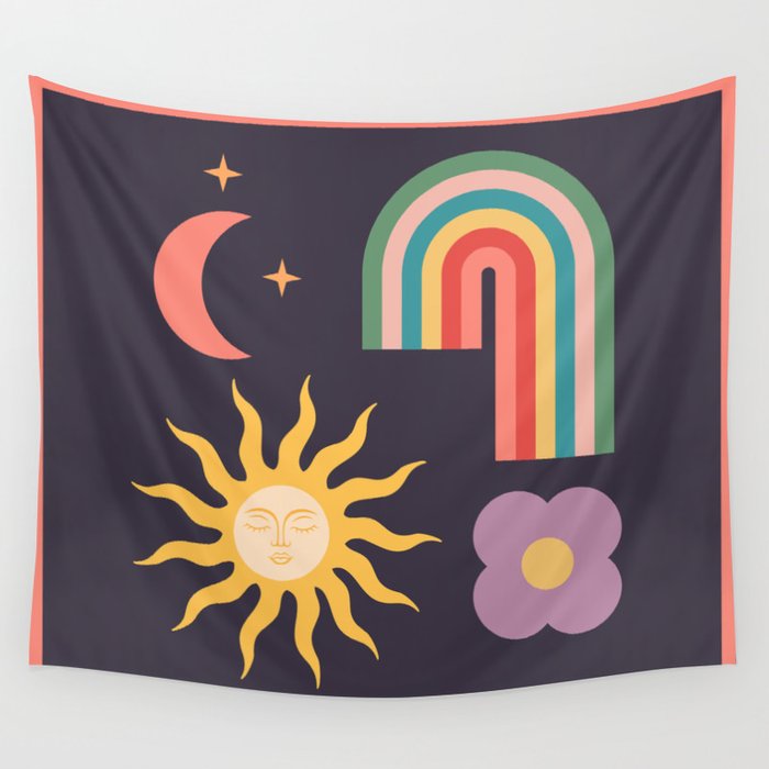 Minimal geometric abstraction Rainbow, Flower, Sun and Moon  Wall Tapestry Gallery Image 1