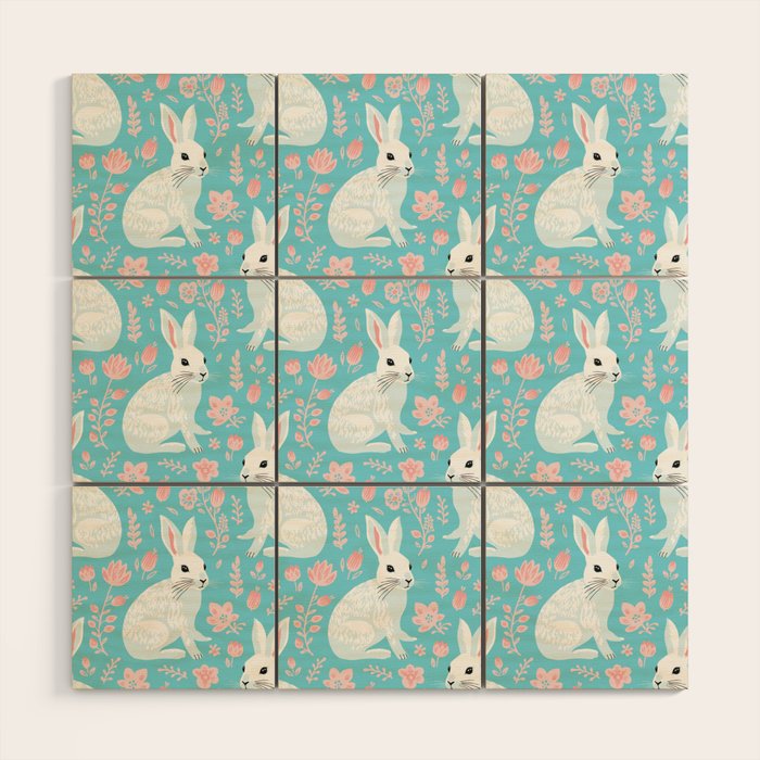 Vintage flower rabbit spring art pattern Wood Wall Art Gallery Image 1