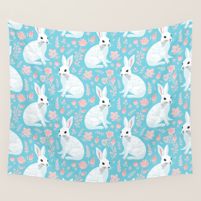 Vintage flower rabbit spring art pattern Wall Tapestry Gallery Image 4