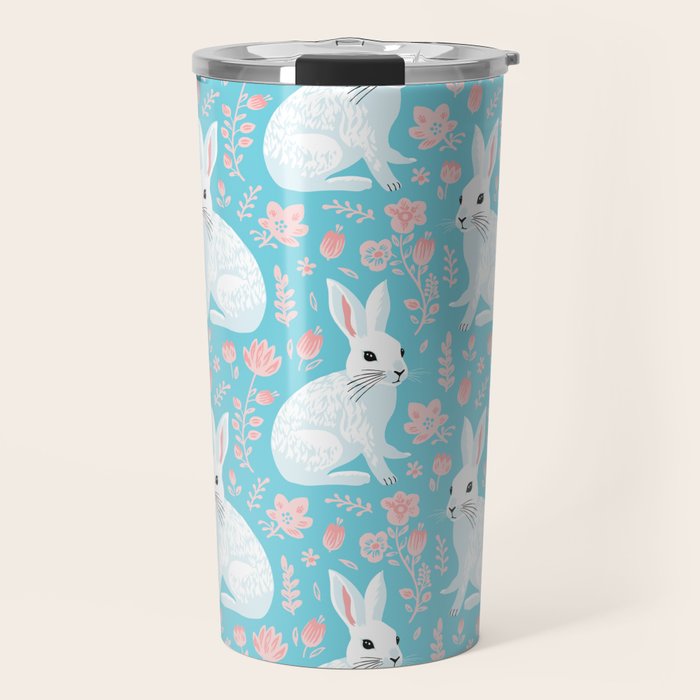 Vintage flower rabbit spring art pattern Travel Mug Gallery Image 1