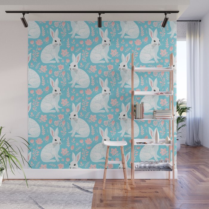 Vintage flower rabbit spring art pattern Wall Mural Gallery Image 1