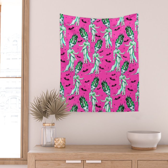 Bride of Frankenstein on Hot Pink Wall Tapestry Gallery Image 2