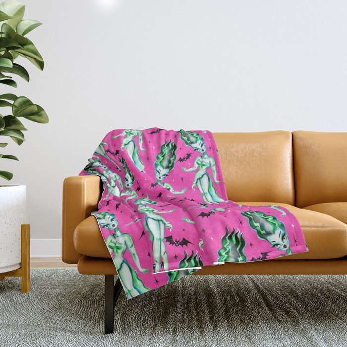 Bride of Frankenstein on Hot Pink Throw Blanket Gallery Image 1
