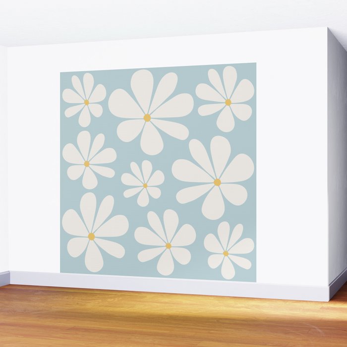 Retro Daisy Pattern - Pastel Blue Wall Mural Gallery Image 2
