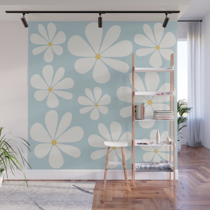 Retro Daisy Pattern - Pastel Blue Wall Mural Gallery Image 1