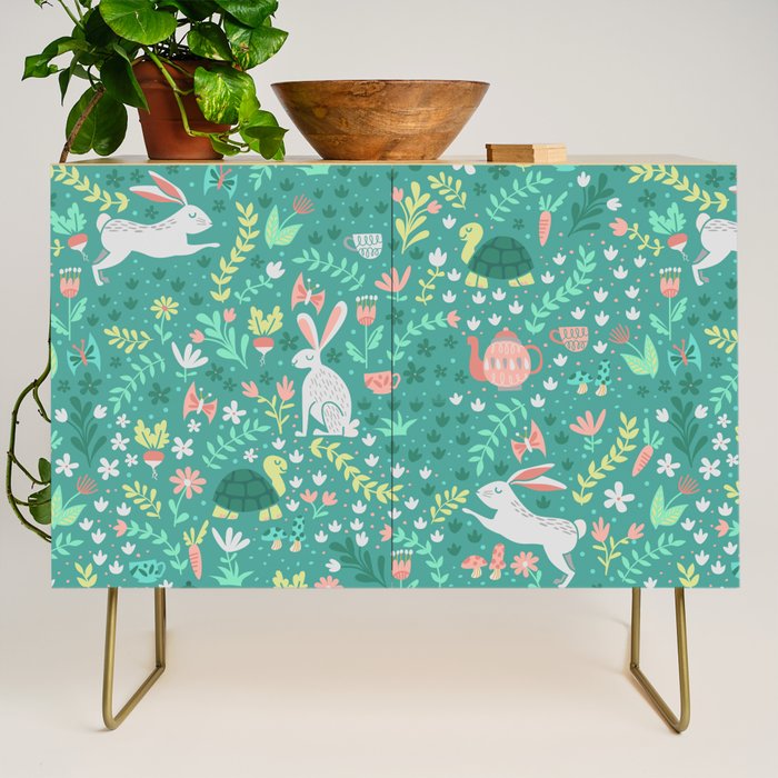 Spring Pattern of Bunnies with Turtles Credenza Gallery Image 1