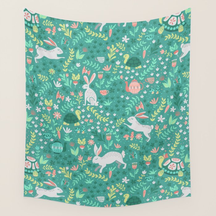 Spring Pattern of Bunnies with Turtles Wall Tapestry Gallery Image 1