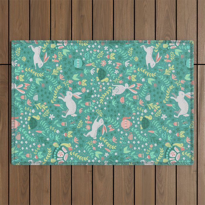 Spring Pattern of Bunnies with Turtles Outdoor Rug Gallery Image 1