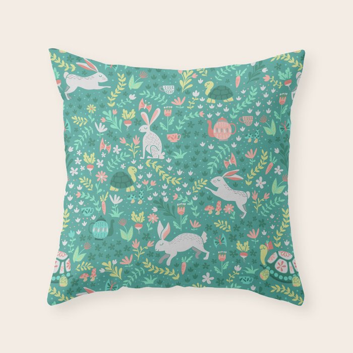 Spring Pattern of Bunnies with Turtles Throw Pillow Gallery Image 1