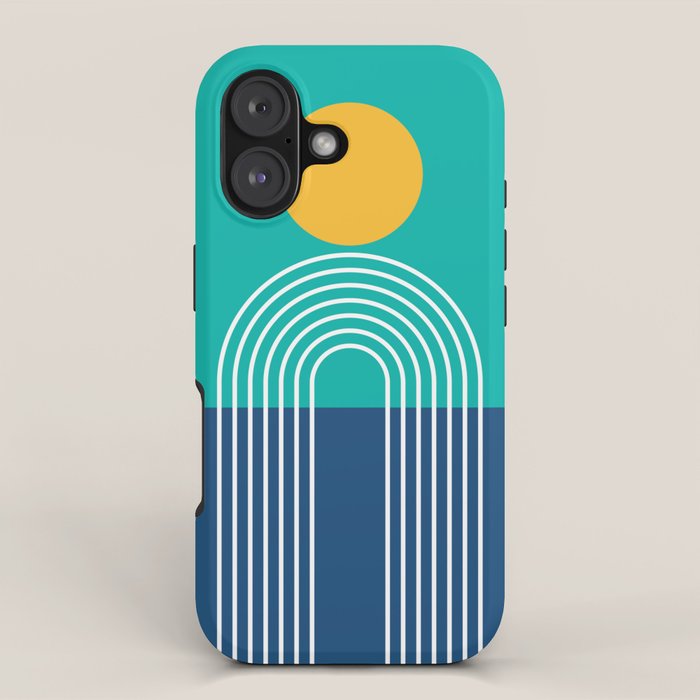 Geometric Lines in Blue Teal Yellow (Sun and Rainbow abstraction) iPhone Case Gallery Image 1
