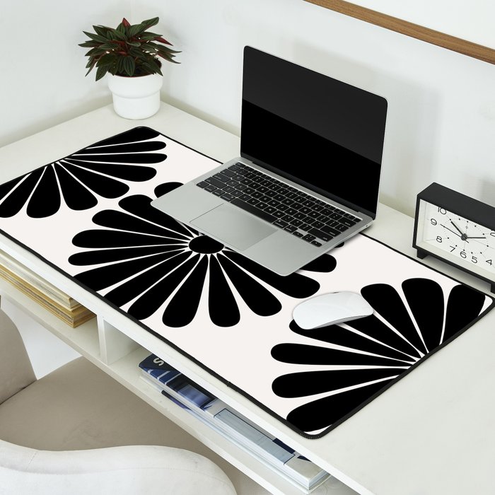 Retro Daisy Abstract I Black and White Bold Floral Desk Mat Gallery Image 2