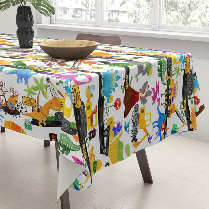 Watercolor Dinosaur Construction Crew Tablecloth Gallery Image 3